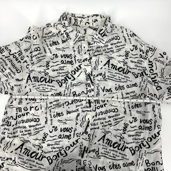Laura Ashley White Linen Black French Graffiti Toggle Button up Blouse Size 2X - Picture 4 of 8